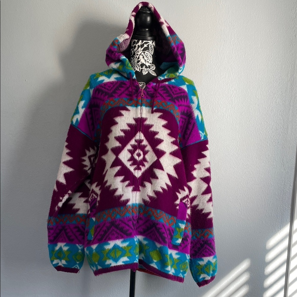 Yari Artesanias beautiful colorful 100 wool zip up hoodie.